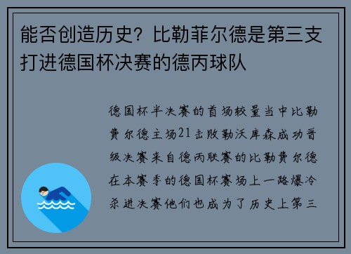 能否创造历史？比勒菲尔德是第三支打进德国杯决赛的德丙球队
