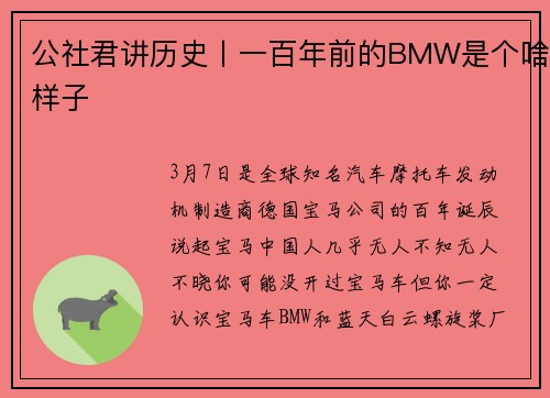 公社君讲历史丨一百年前的BMW是个啥样子