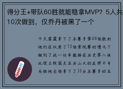 得分王+带队60胜就能稳拿MVP？5人共10次做到，仅乔丹被黑了一个