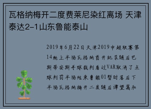 瓦格纳梅开二度费莱尼染红离场 天津泰达2-1山东鲁能泰山